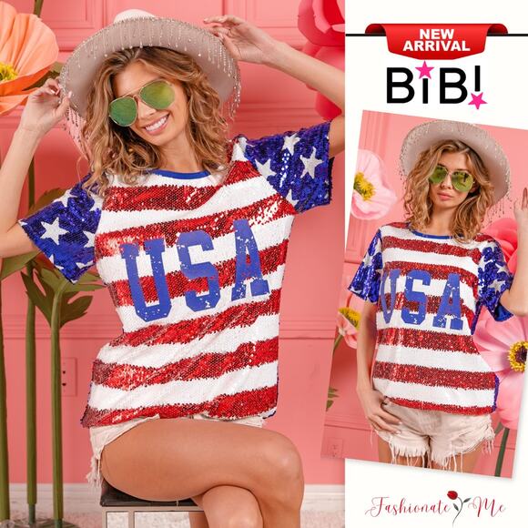BiBi American Flag Theme USA Lettering Sequin Embellishments Short Sleeves Top - Picture 1 of 10
